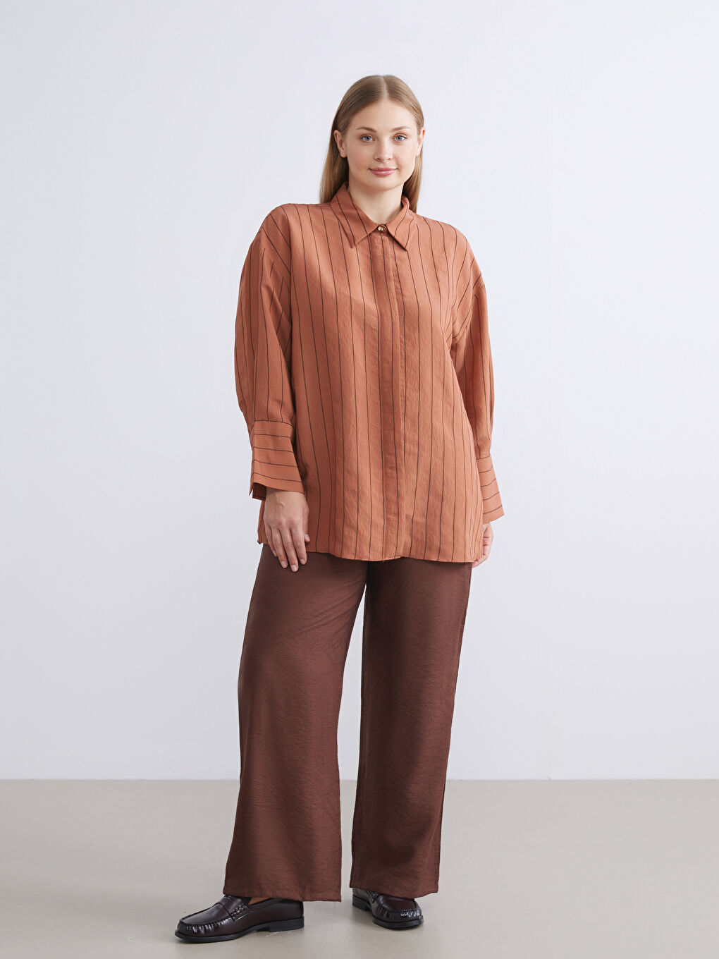 Turuncu Çizgili Modal Karışımlı Kadın Gömlek Tunik-5