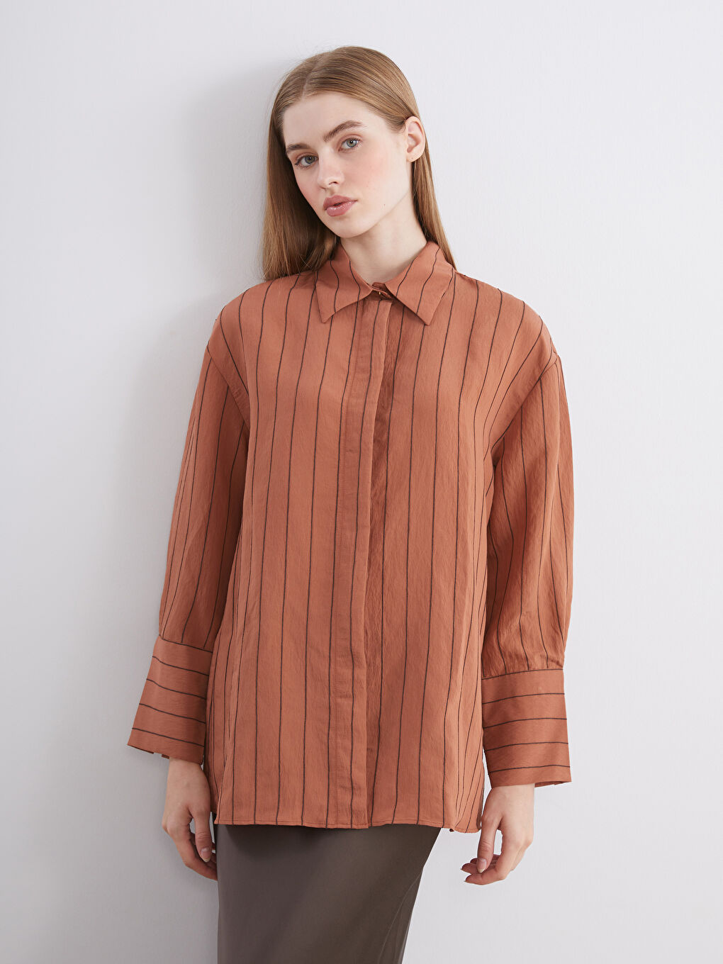 Turuncu Çizgili Modal Karışımlı Kadın Gömlek Tunik
