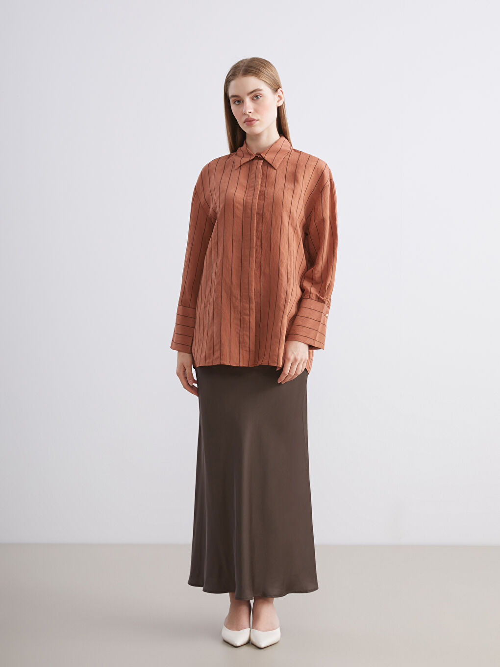 Turuncu Çizgili Modal Karışımlı Kadın Gömlek Tunik-2