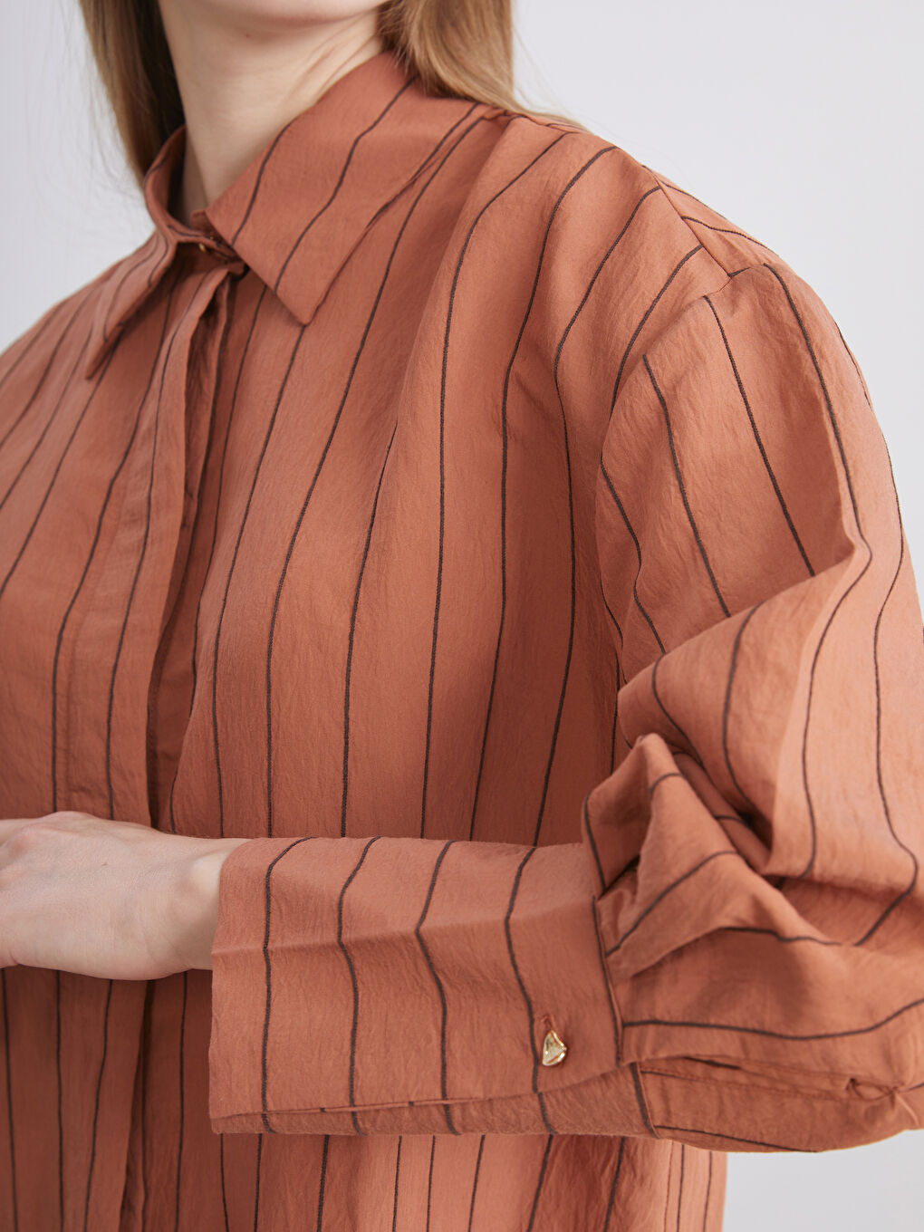 Turuncu Çizgili Modal Karışımlı Kadın Gömlek Tunik-3