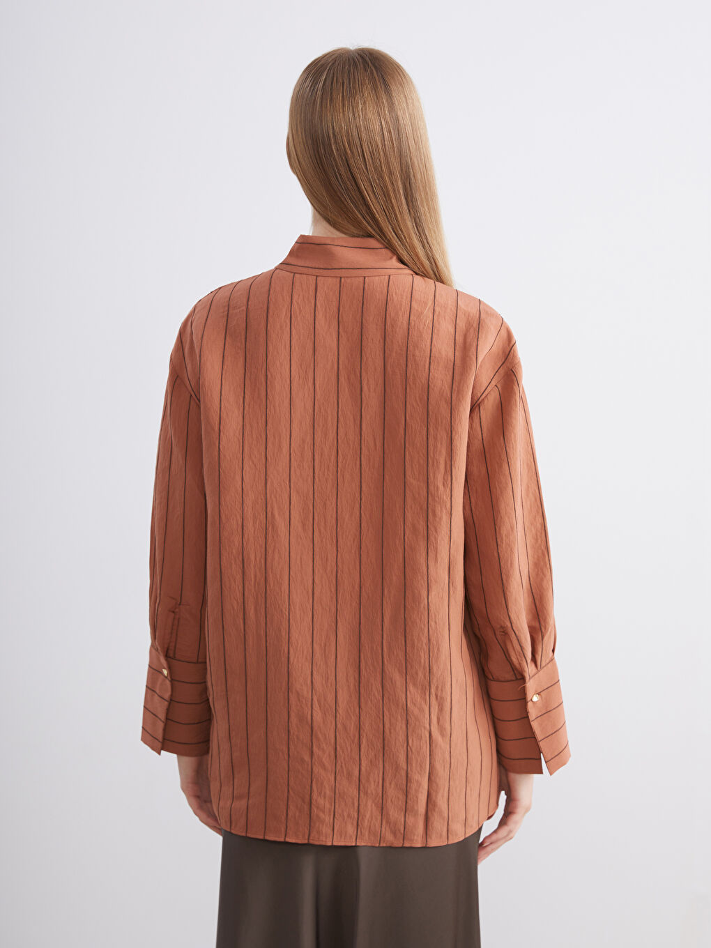 Turuncu Çizgili Modal Karışımlı Kadın Gömlek Tunik-4