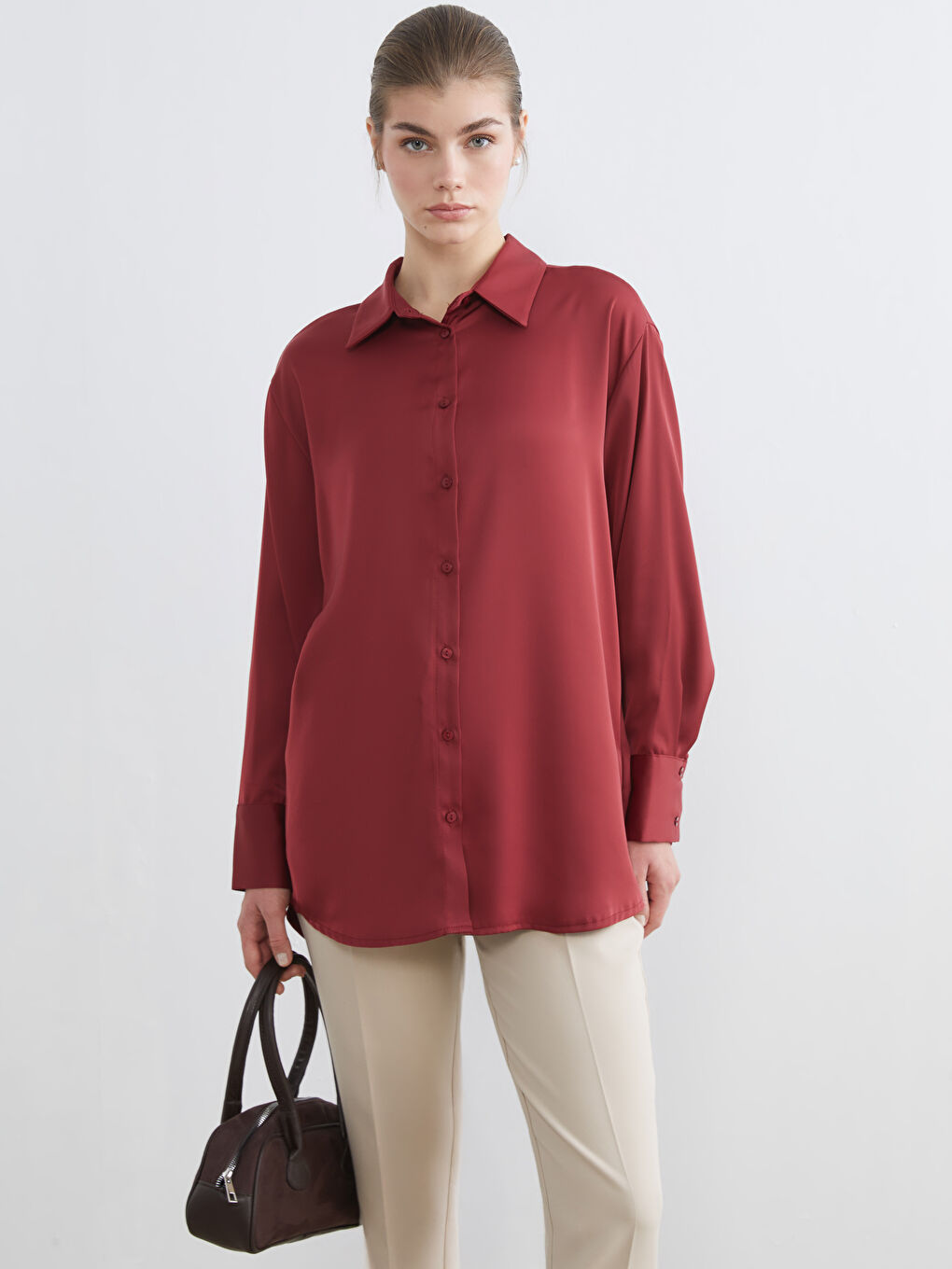 Bordo Saten Kadın Gömlek Tunik