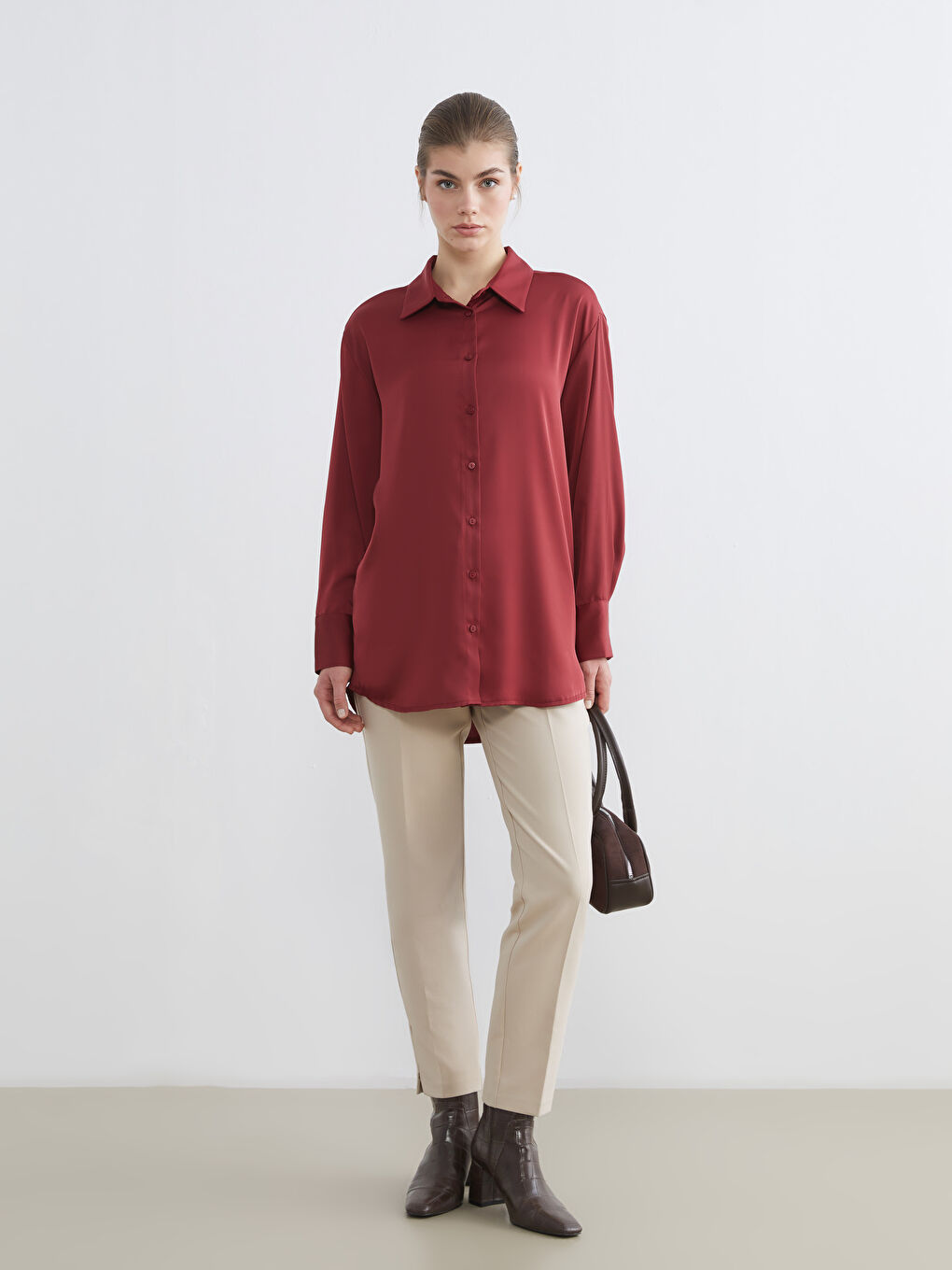 Bordo Saten Kadın Gömlek Tunik-1