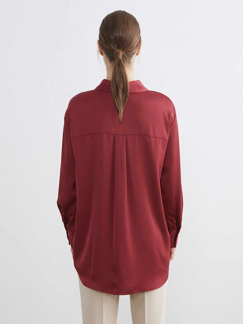 Bordo Saten Kadın Gömlek Tunik-3