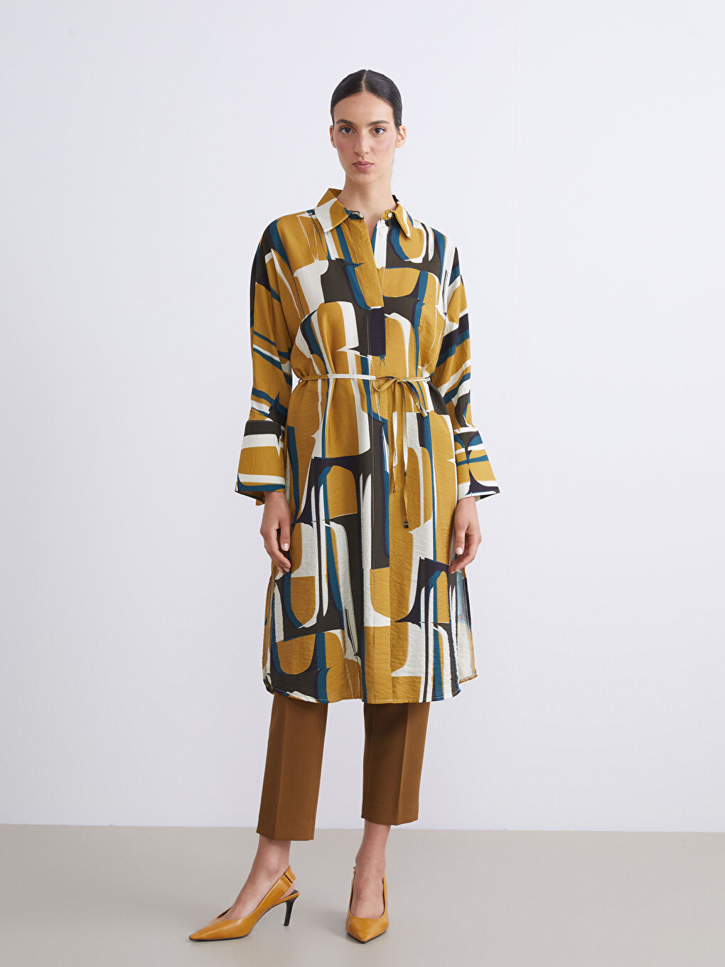 Yeşil Desenli Oversize Kadın Gömlek Tunik-1