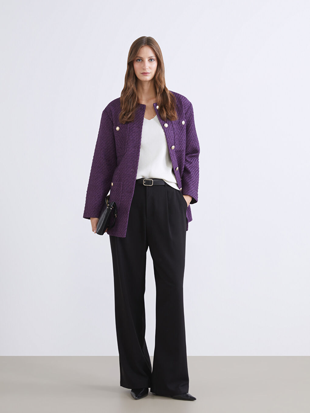 Mor Bisiklet Yaka Kadın Tüvit Ceket-1