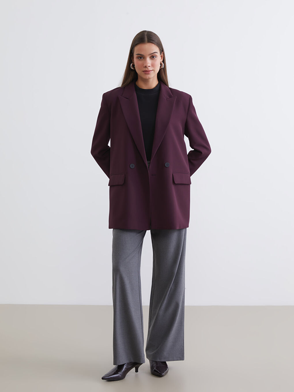 Bordo Düğme Detaylı Kadın Blazer Ceket-1