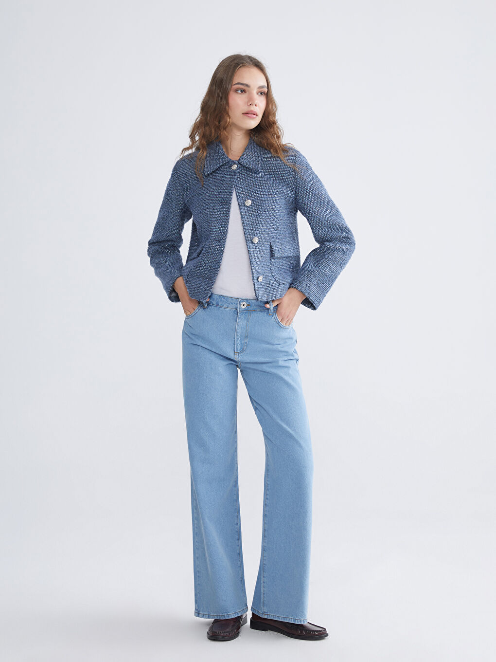 Mavi Gömlek Yaka Kadın Tüvit Ceket-1