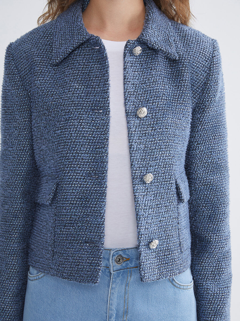 Mavi Gömlek Yaka Kadın Tüvit Ceket-2