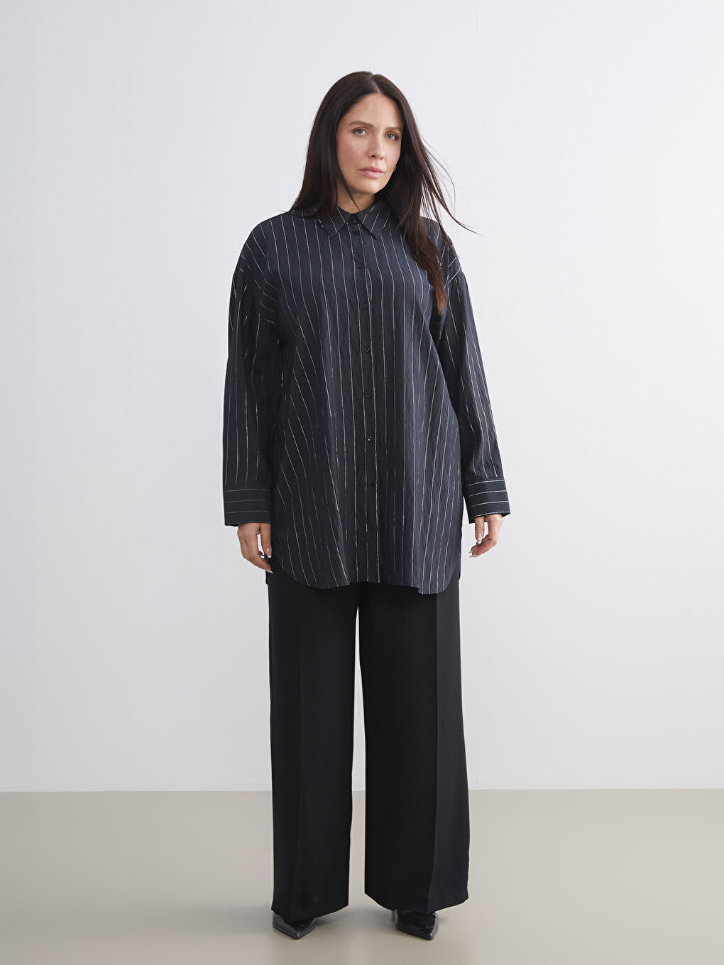 Siyah Çizgili Kadın Gömlek Tunik-5