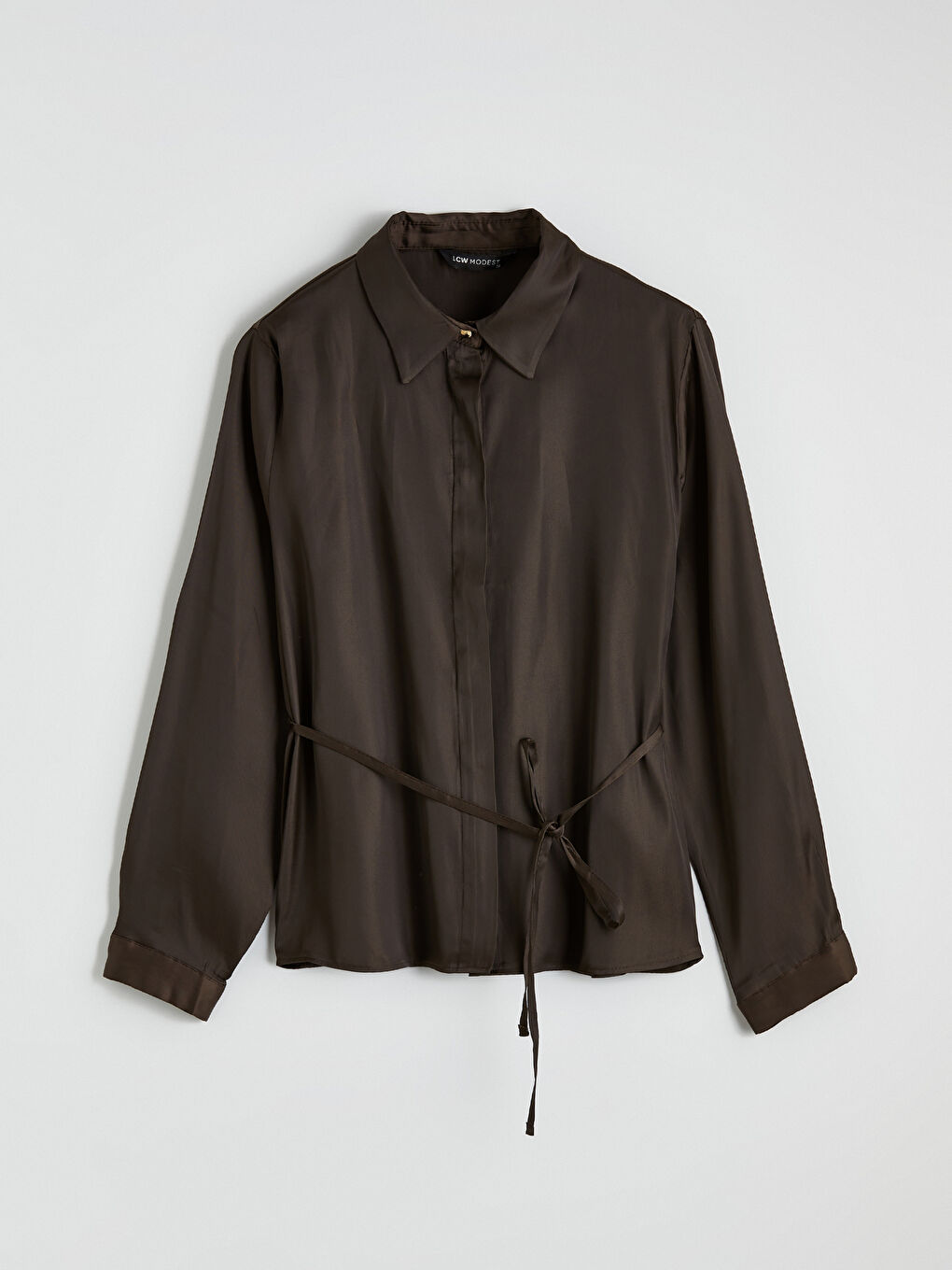 Kahverengi Beli Kuşaklı Saten Kadın Gömlek-5