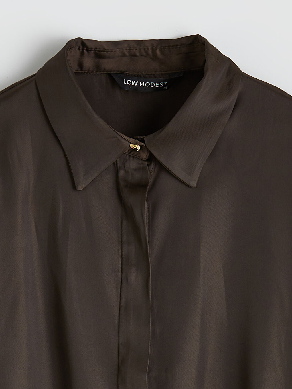 Kahverengi Beli Kuşaklı Saten Kadın Gömlek-6