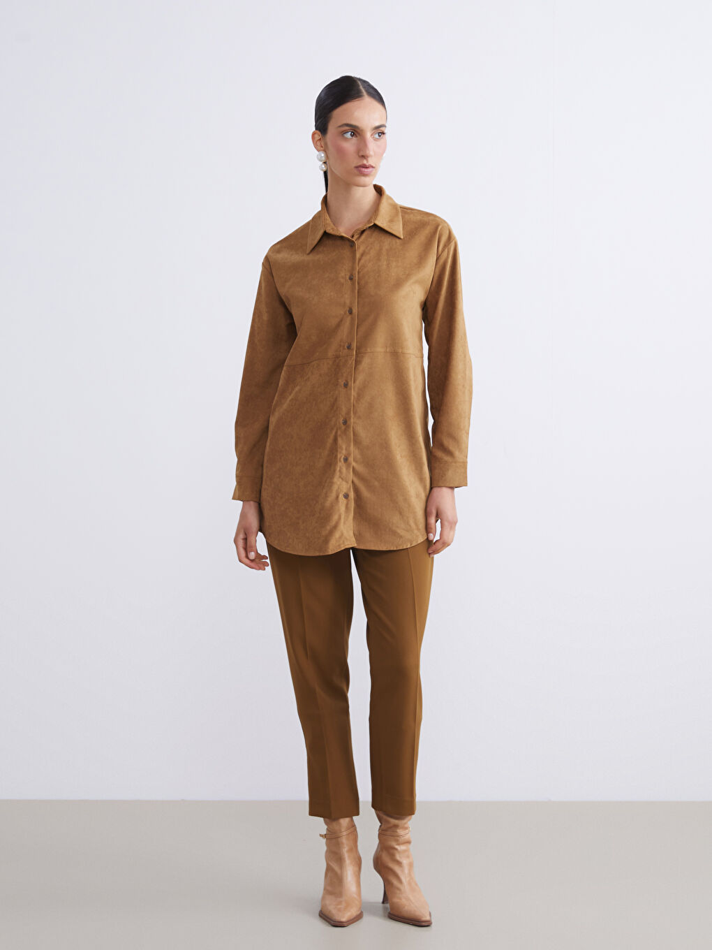 Kahverengi Süet Görünümlü Kadın Gömlek Tunik-1