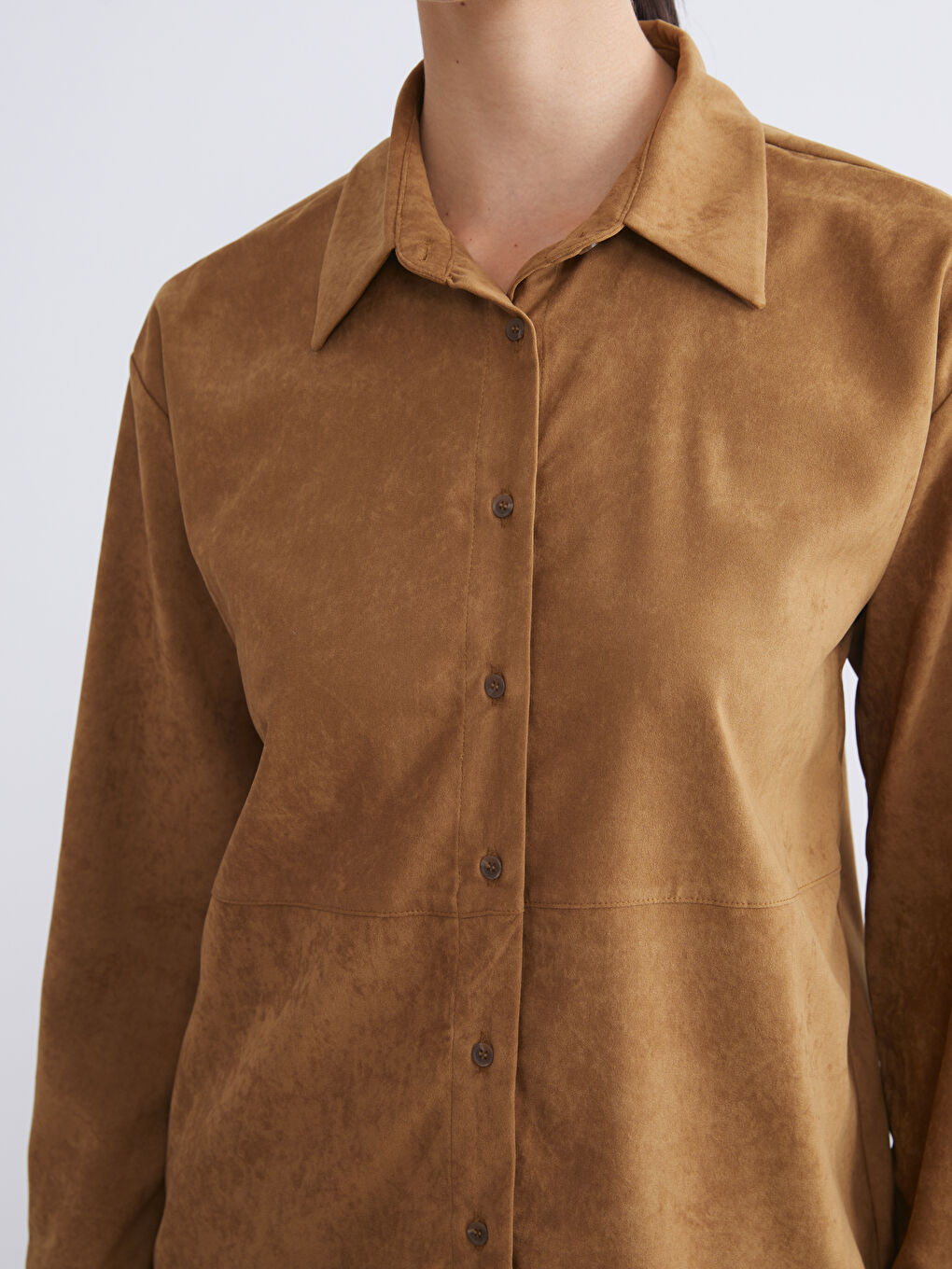 Kahverengi Süet Görünümlü Kadın Gömlek Tunik-2