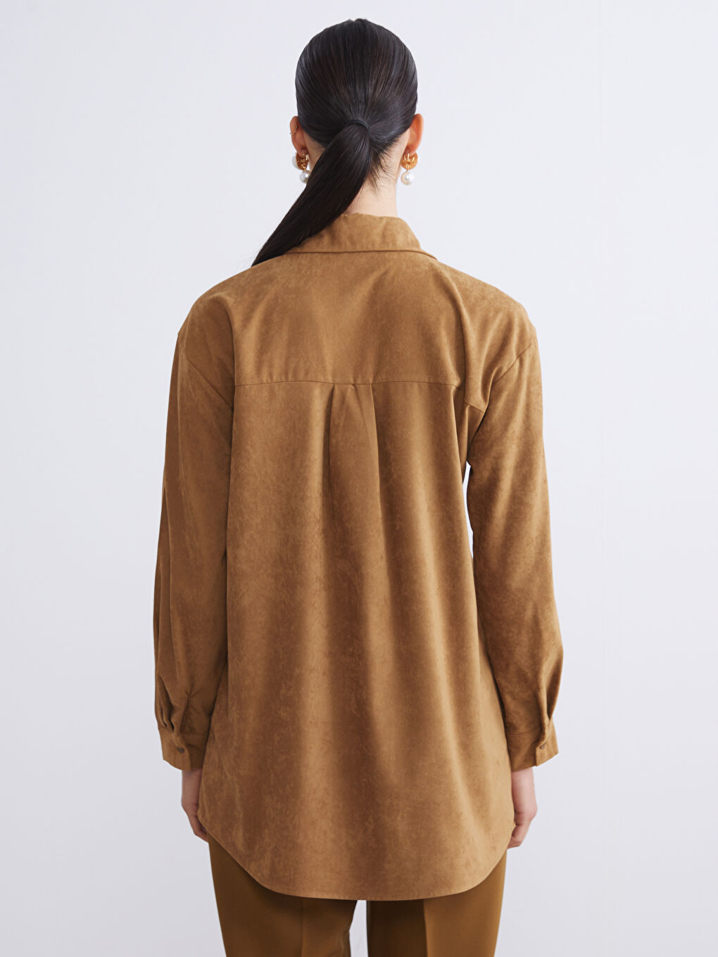 Kahverengi Süet Görünümlü Kadın Gömlek Tunik-3