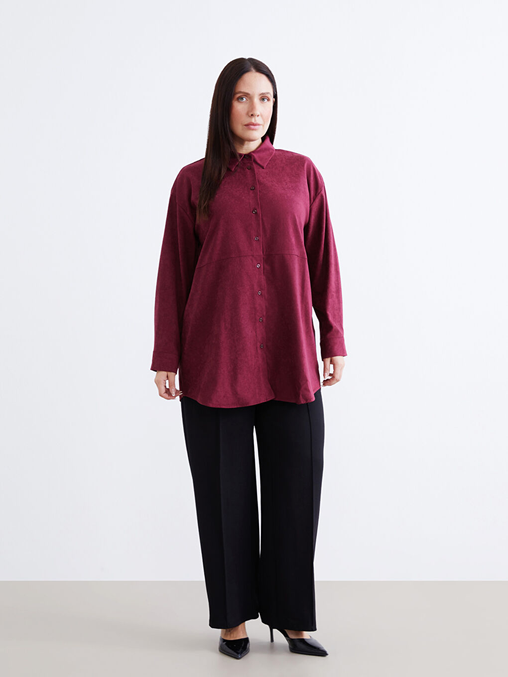 Bordo Süet Görünümlü Kadın Gömlek Tunik-5