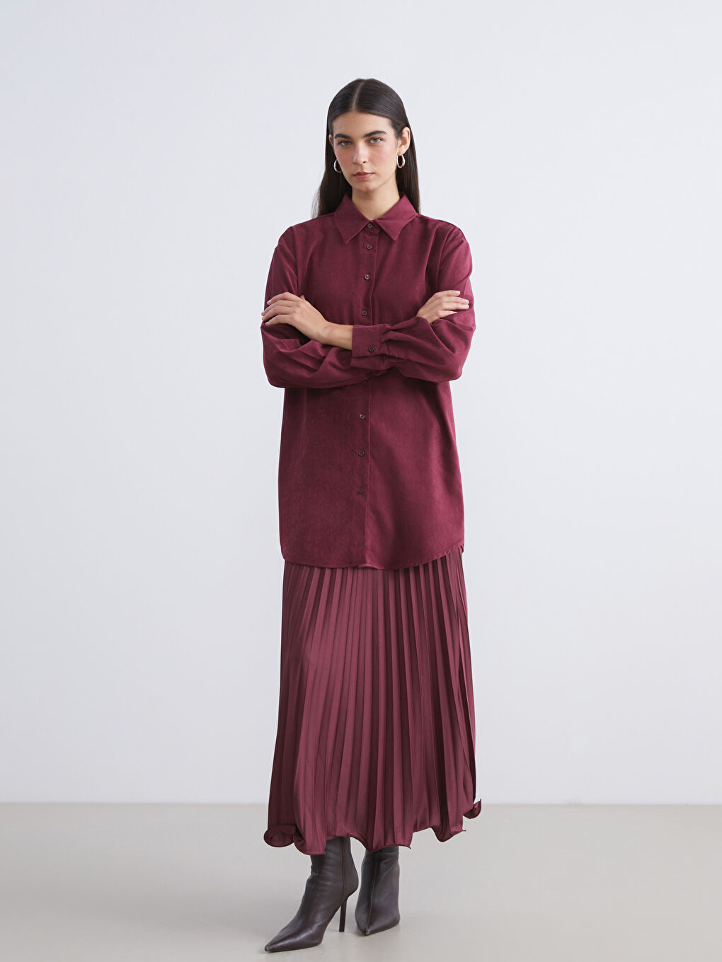 Bordo Süet Görünümlü Kadın Gömlek Tunik-2