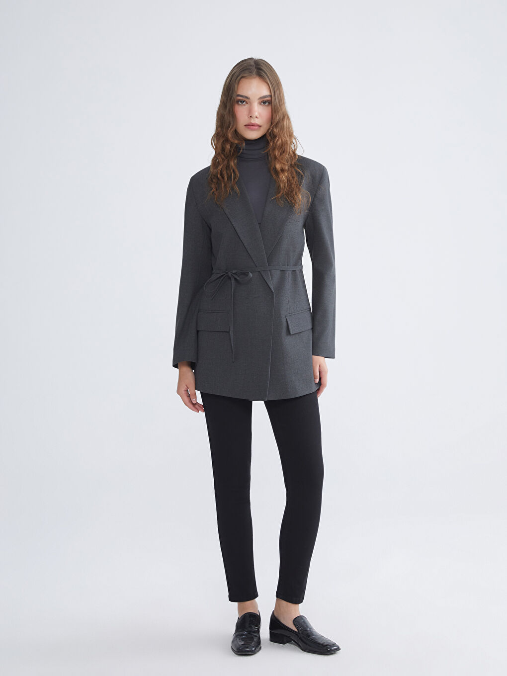 Antrasit Beli Kuşaklı Kadın Blazer Ceket-1