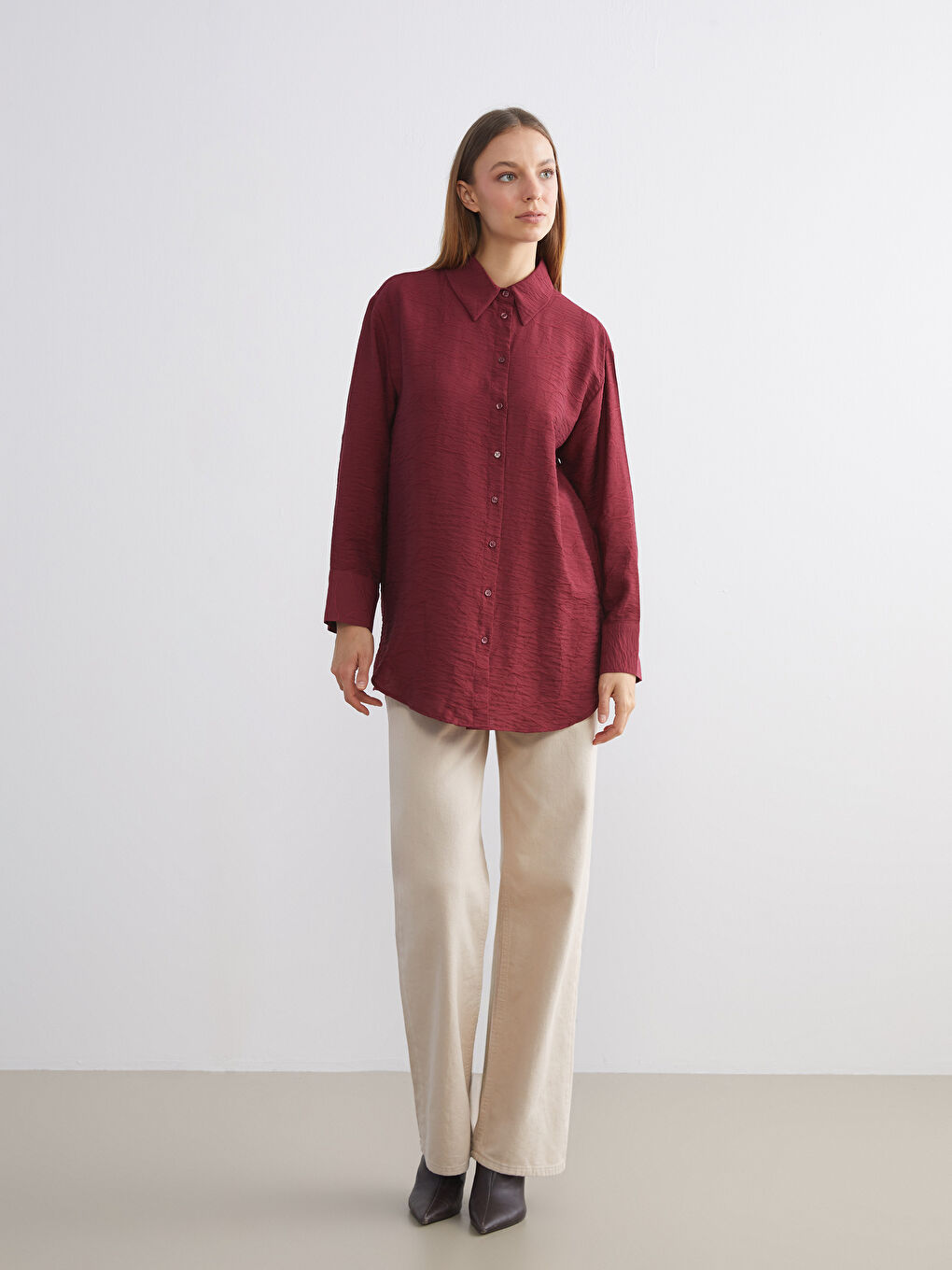 Bordo Nakışlı Kadın Gömlek Tunik-1