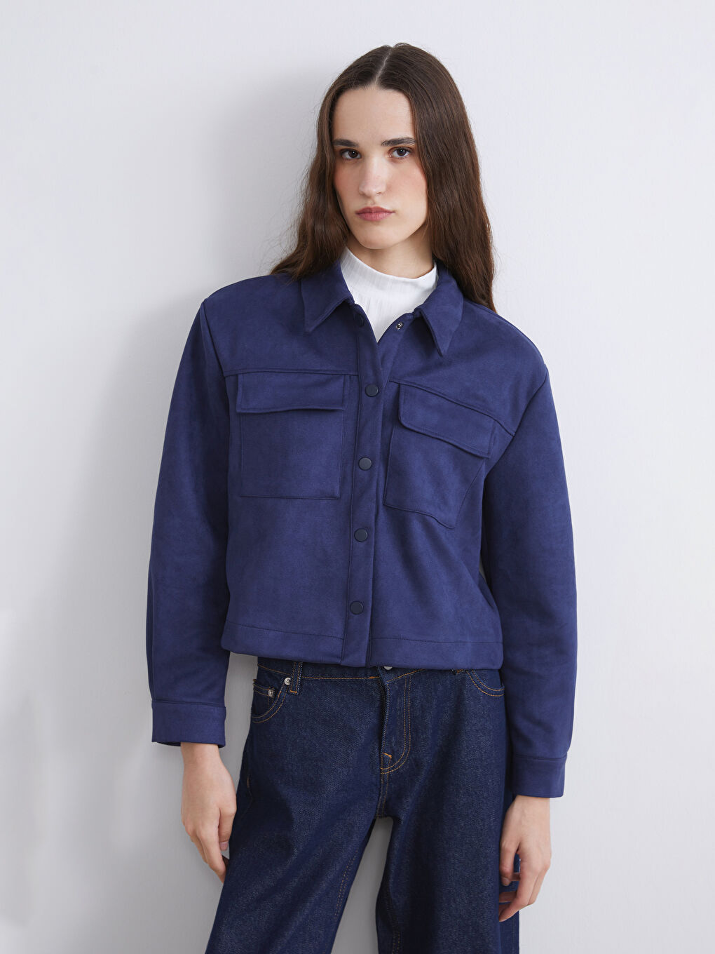 Lacivert Kadın Süet Görünümlü Ceket-3