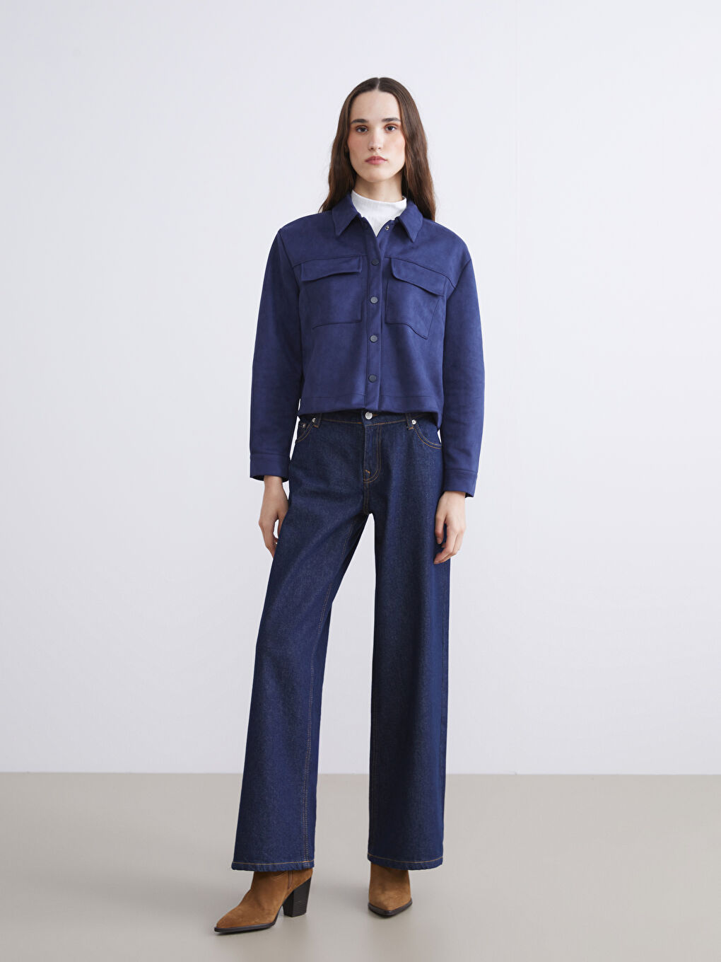 Lacivert Kadın Süet Görünümlü Ceket-5