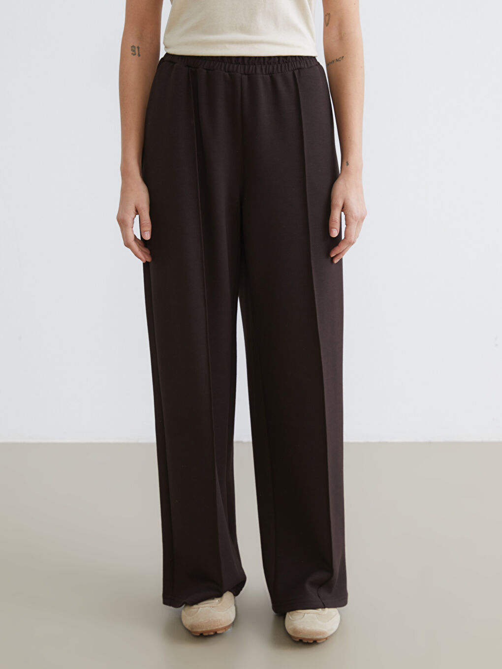 Kahverengi Beli Lastikli Soft Touch Kadın Eşofman Altı-1