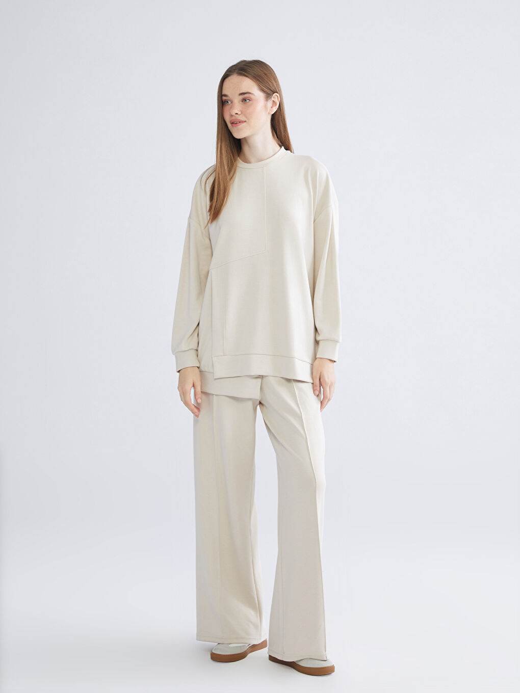 Bej Beli Lastikli Soft Touch Kadın Eşofman Altı-1