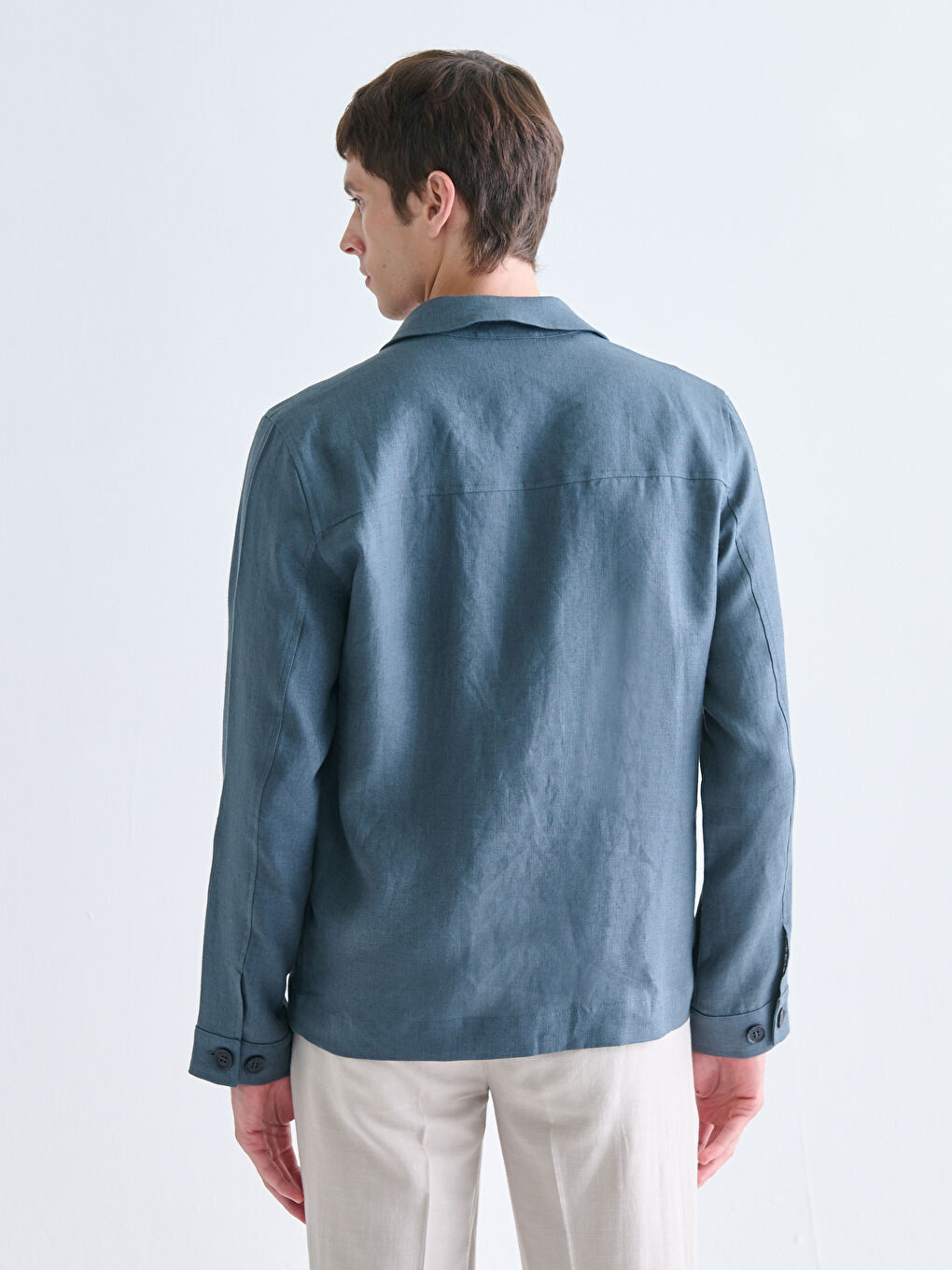 Petrol Standart Kalıp Gömlek Yaka Keten Erkek Mont-3