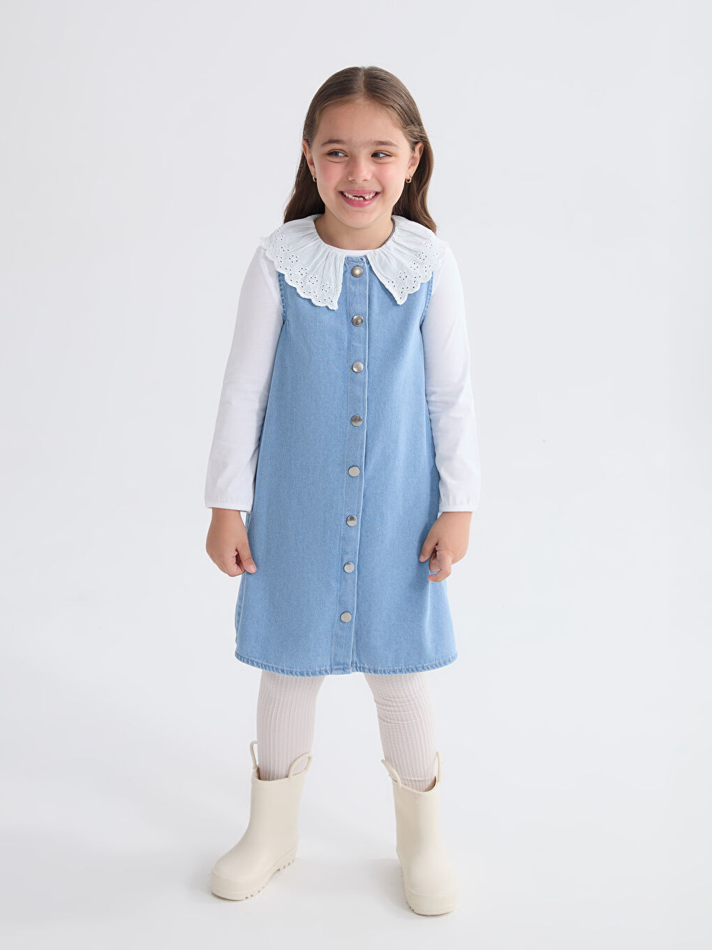 İndigo Bebe Yaka Kız Çocuk Jean Elbise