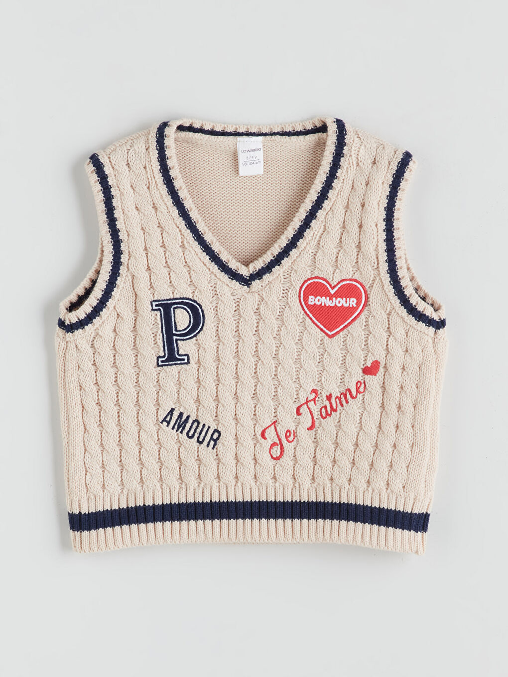 Bej V Yaka Desenli Kız Çocuk Triko Süveter-2