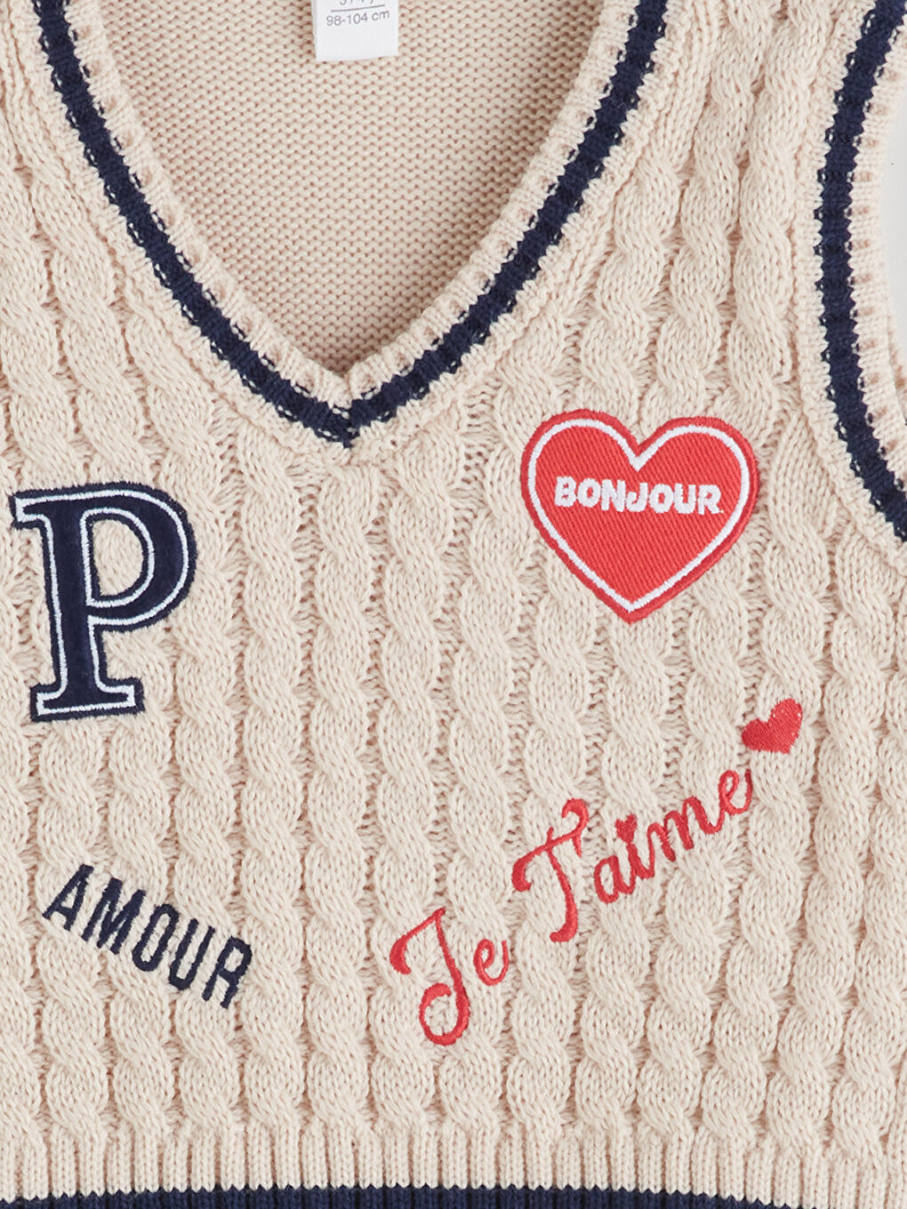 Bej V Yaka Desenli Kız Çocuk Triko Süveter-4