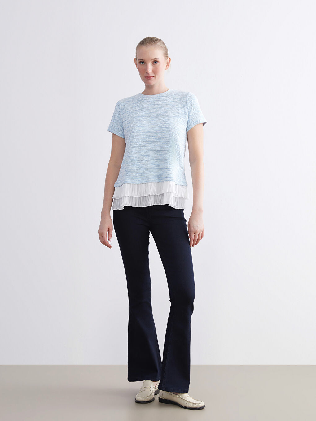 Mavi Bisiklet Yaka Kadın Pileli Tişört-1