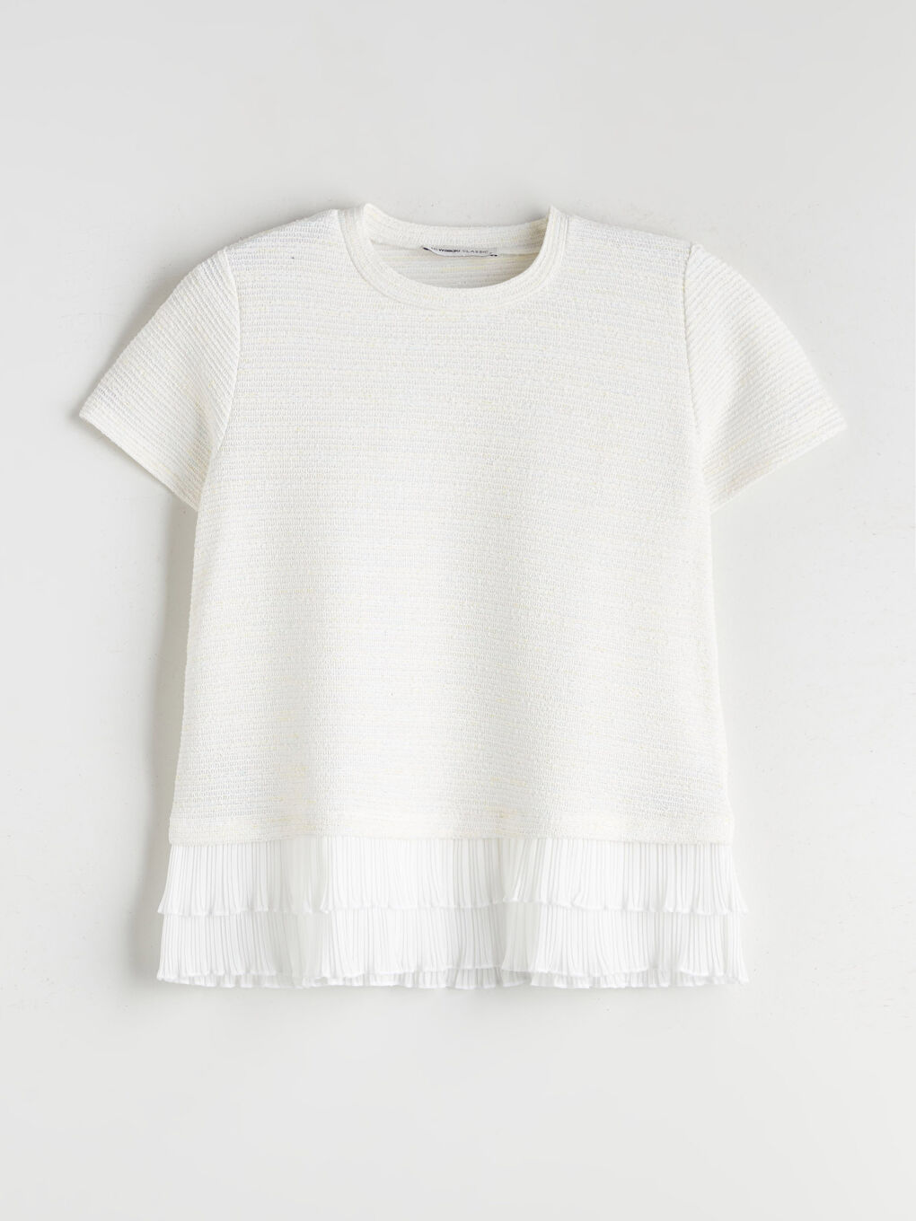 Ekru Bisiklet Yaka Kadın Pileli Tişört-4