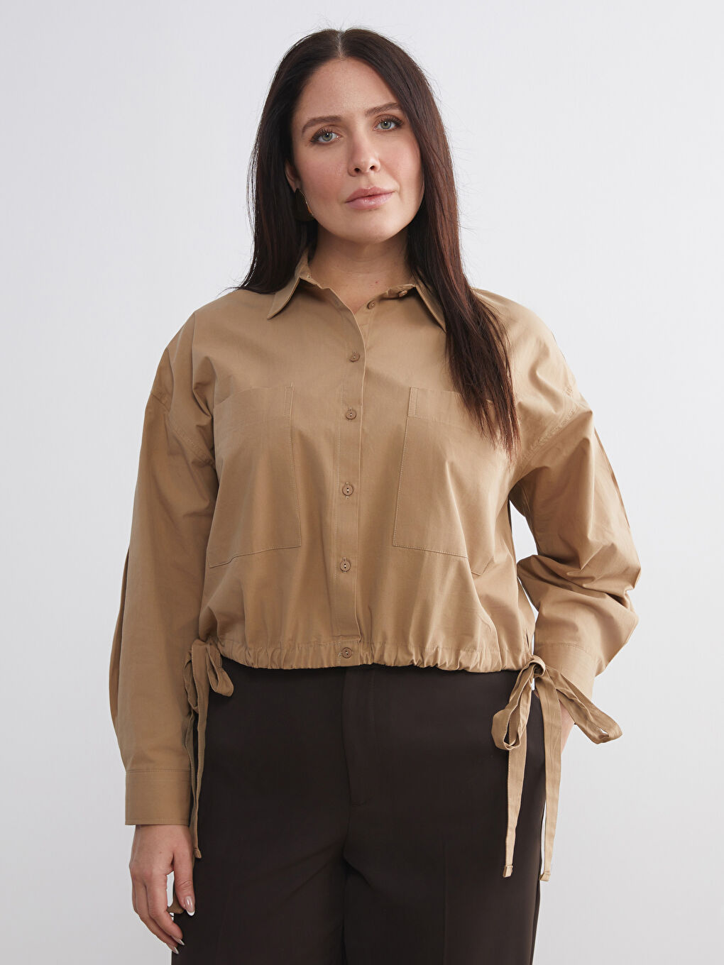 Bej Oversize Poplin Kadın Gömlek-1
