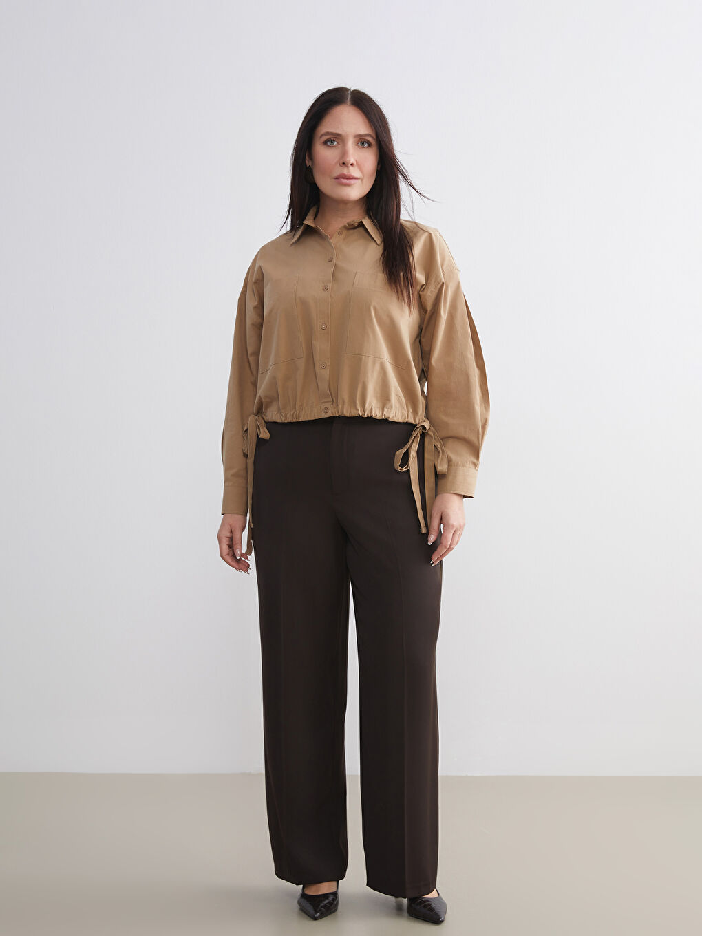 Bej Oversize Poplin Kadın Gömlek-5