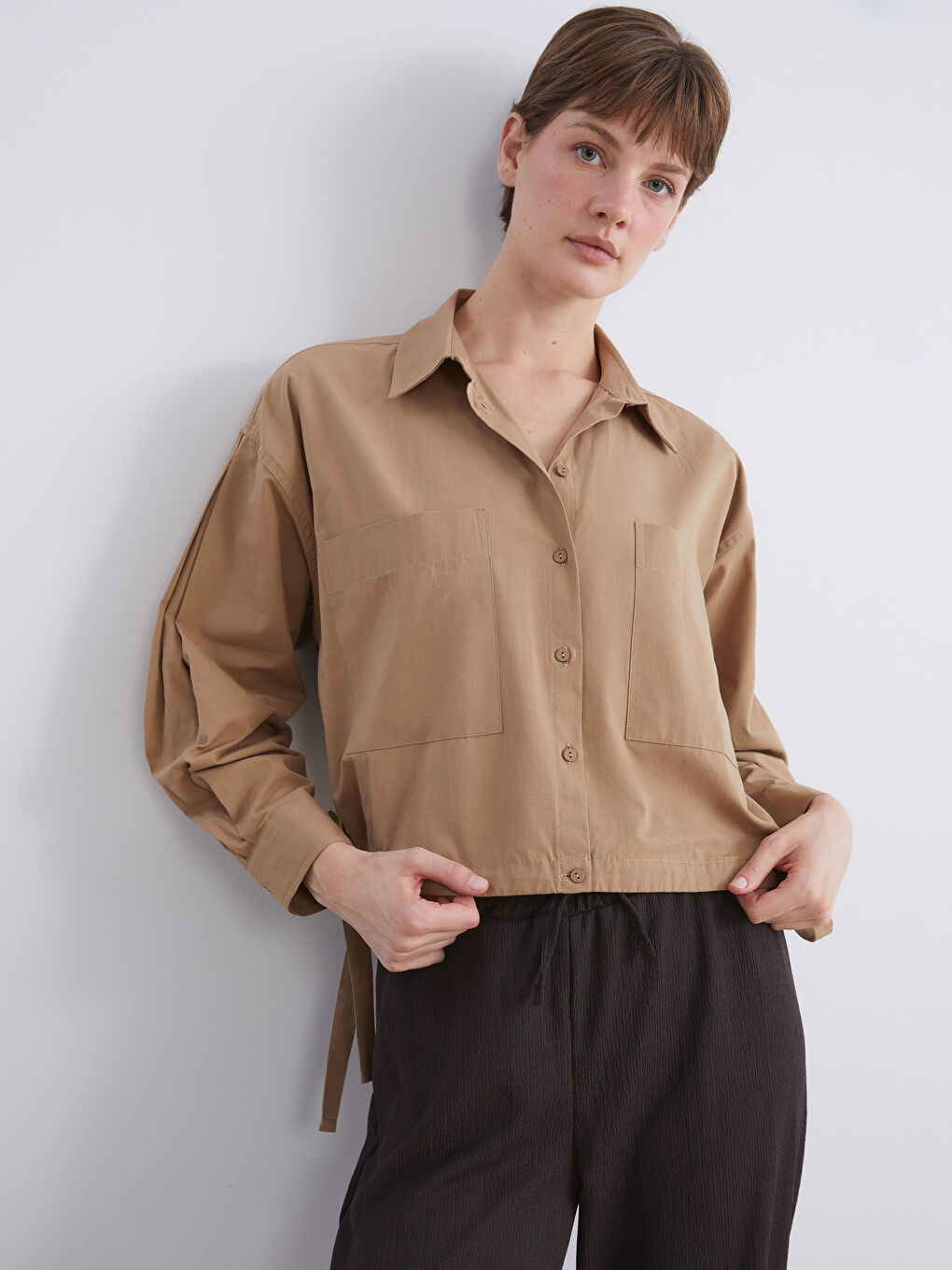 Bej Oversize Poplin Kadın Gömlek