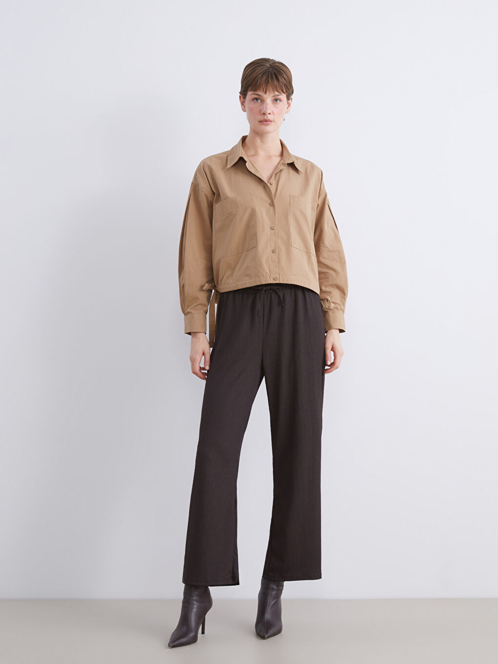 Bej Oversize Poplin Kadın Gömlek-2