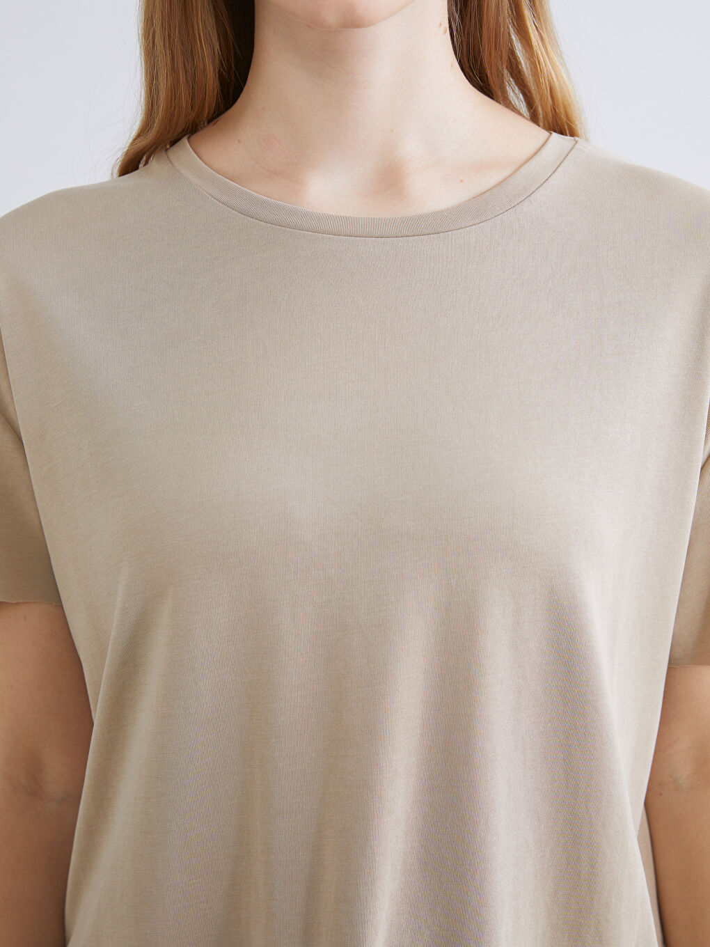 Bej Bisiklet Yaka Modal Karışımlı Kadın Spor Tişört-2