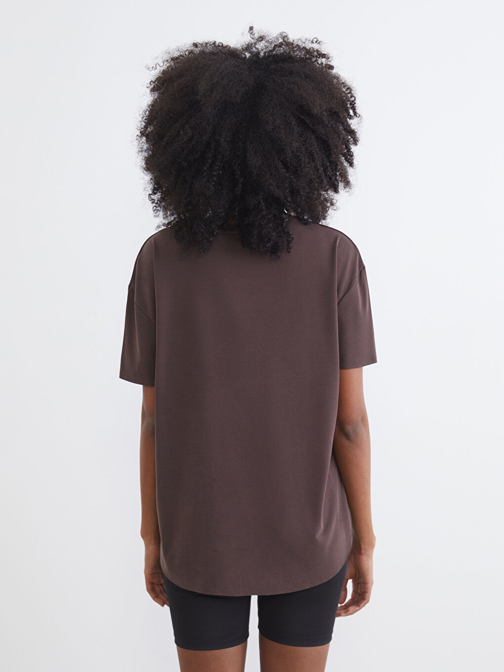 Kahverengi Bisiklet Yaka Modal Karışımlı Kadın Spor Tişört-3