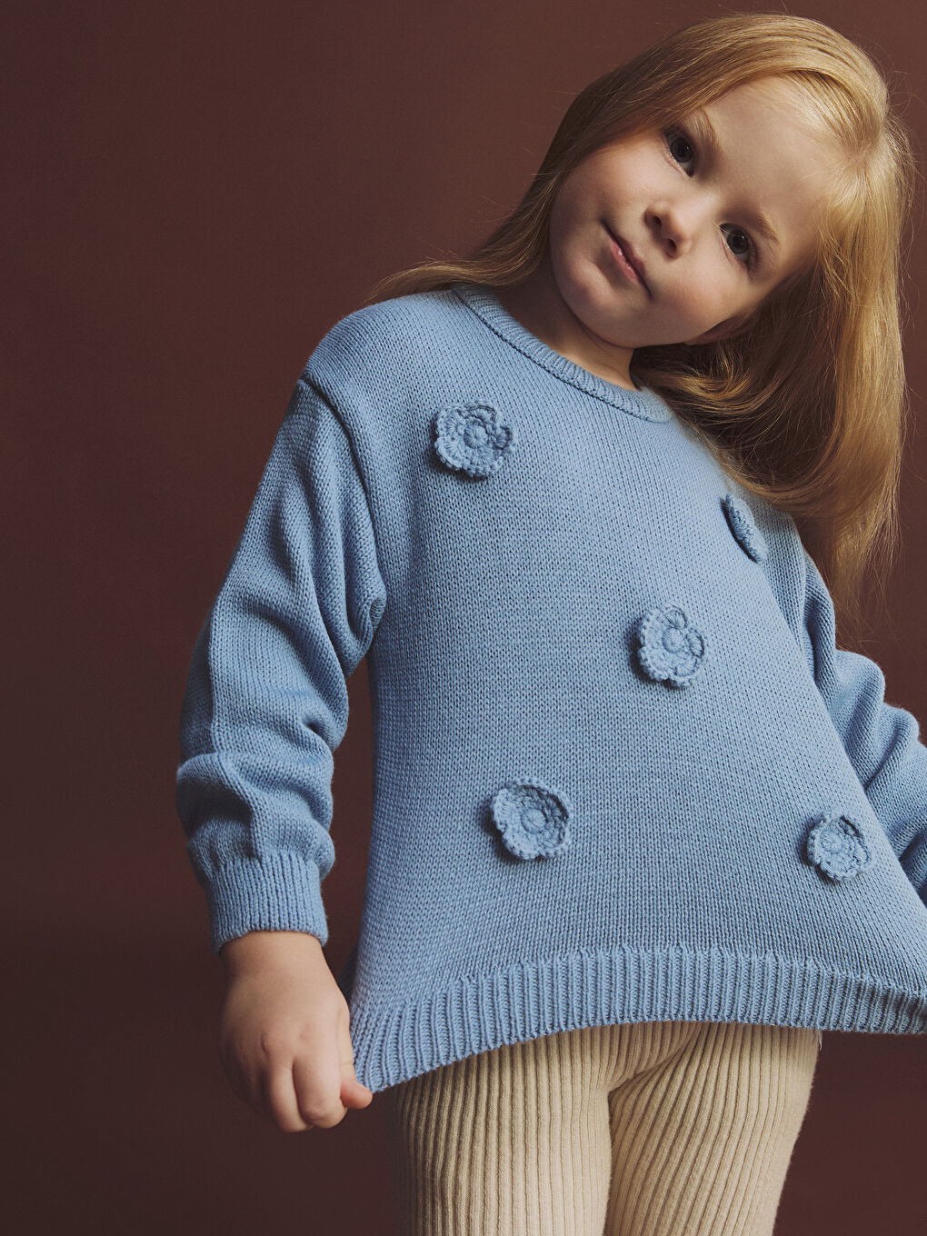 Mavi Bisiklet Yaka Nakışlı Uzun Kollu Kız Çocuk Kazak