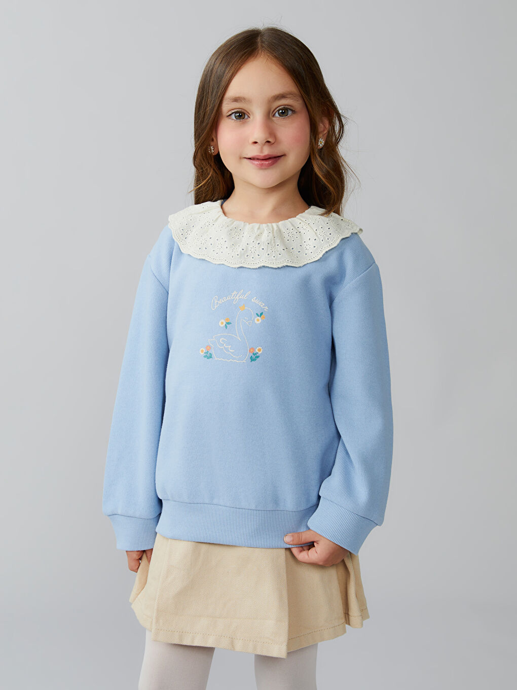 Mavi Bisiklet Yaka Çiçekli Kız Çocuk Sweatshirt 2'li-1