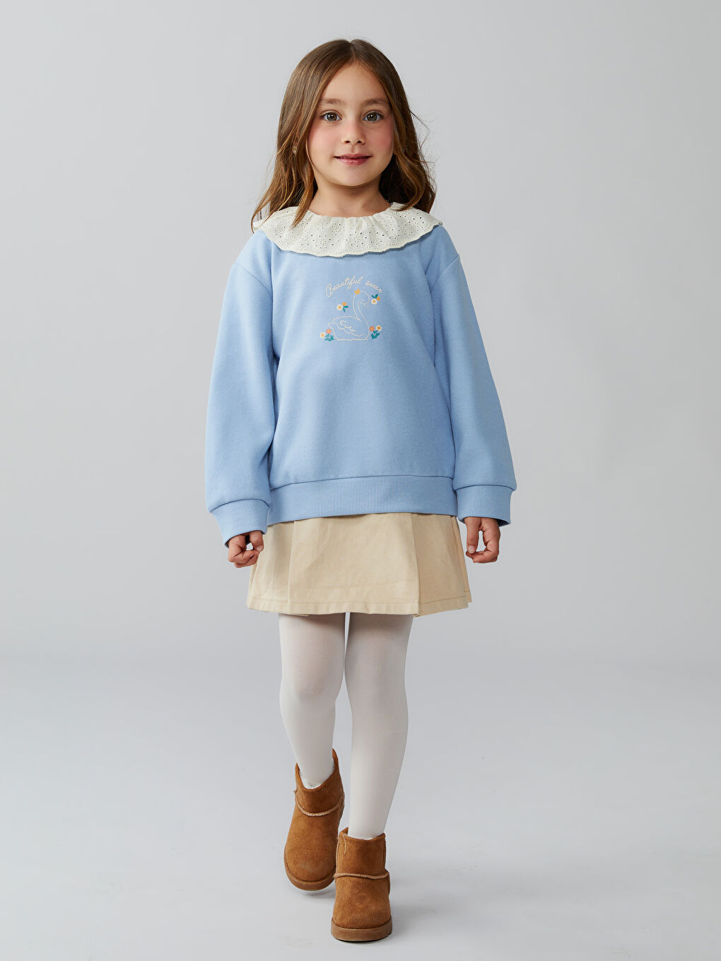 Mavi Bisiklet Yaka Çiçekli Kız Çocuk Sweatshirt 2'li-2