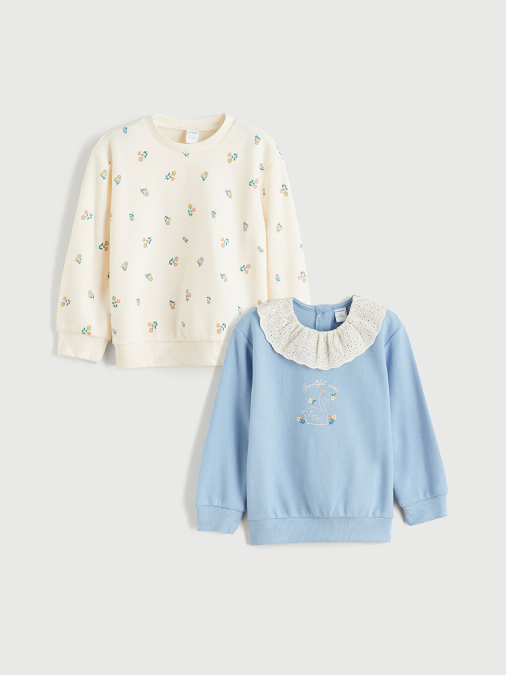 Mavi Bisiklet Yaka Çiçekli Kız Çocuk Sweatshirt 2'li