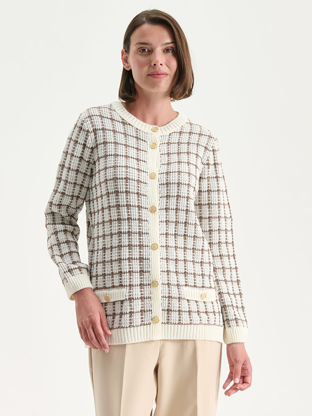 Crew Neck Plaid Women's Knitwear Cardigan