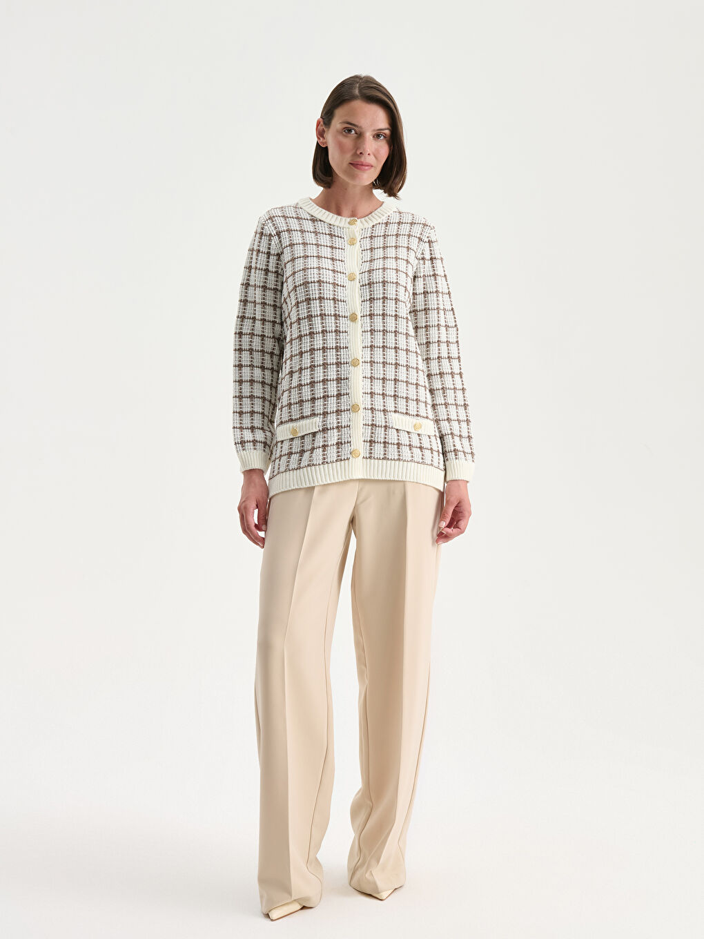 Crew Neck Plaid Women's Knitwear Cardigan-1