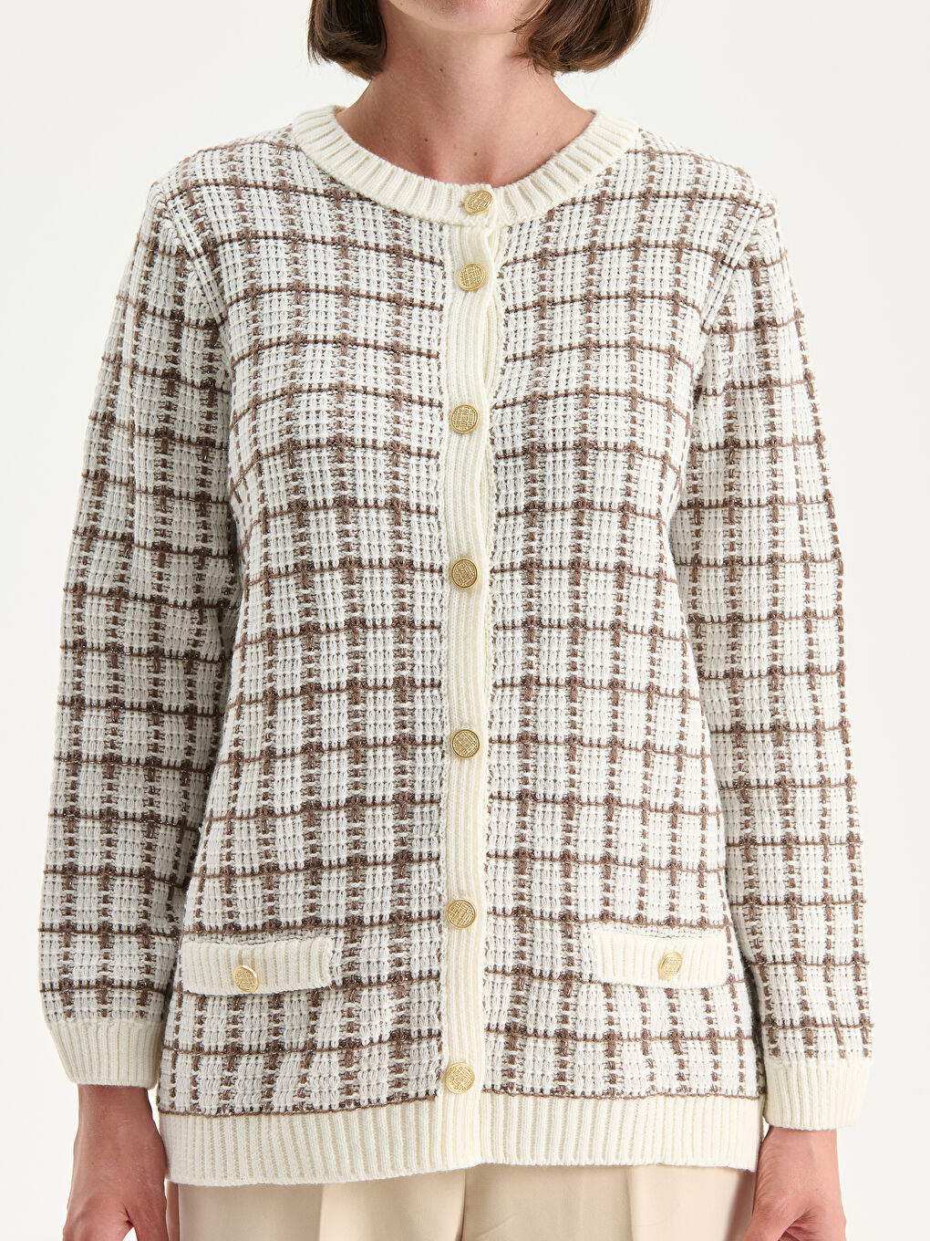 Crew Neck Plaid Women's Knitwear Cardigan-2