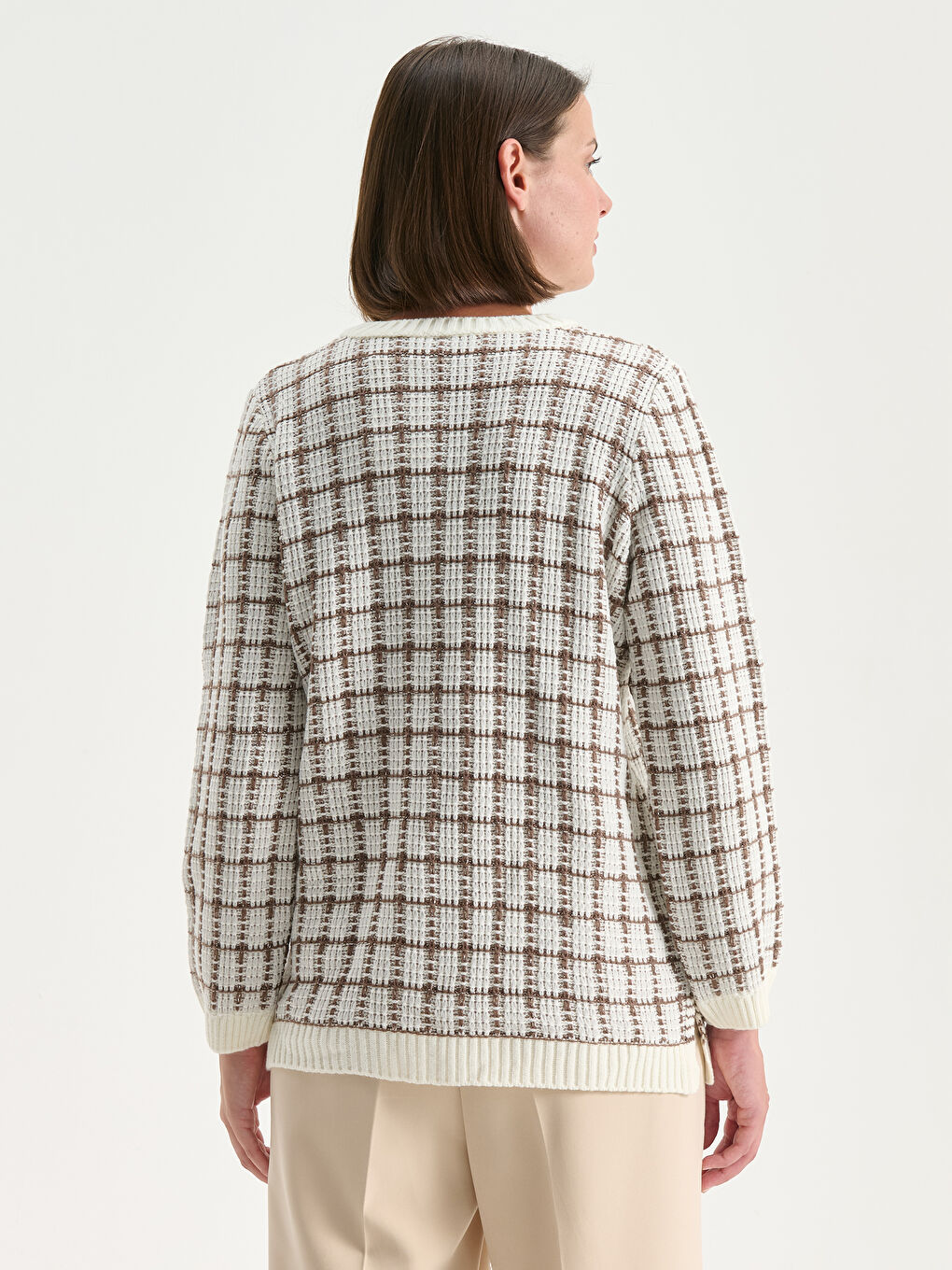 Crew Neck Plaid Women's Knitwear Cardigan-3