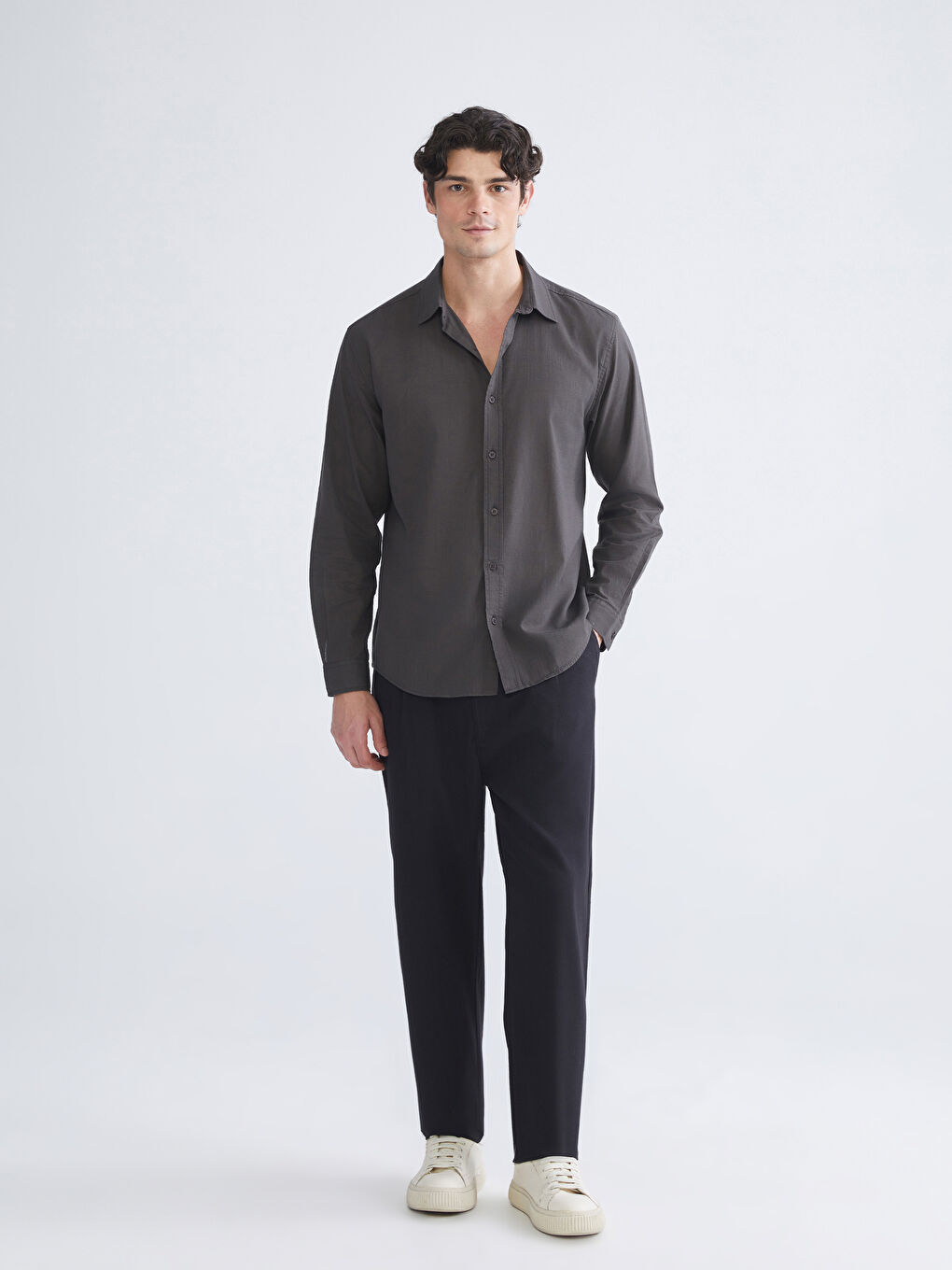 Antrasit Regular Fit Uzun Kollu Poplin Erkek Gömlek-1