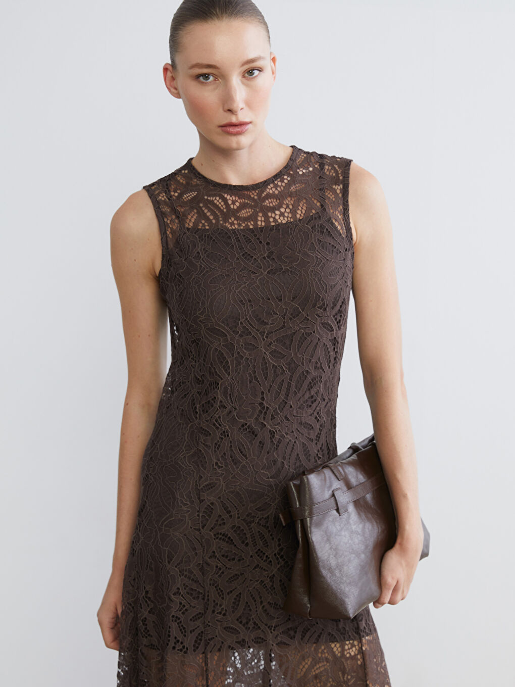 Kahverengi Bisiklet Yaka Dantelli Elbise-1