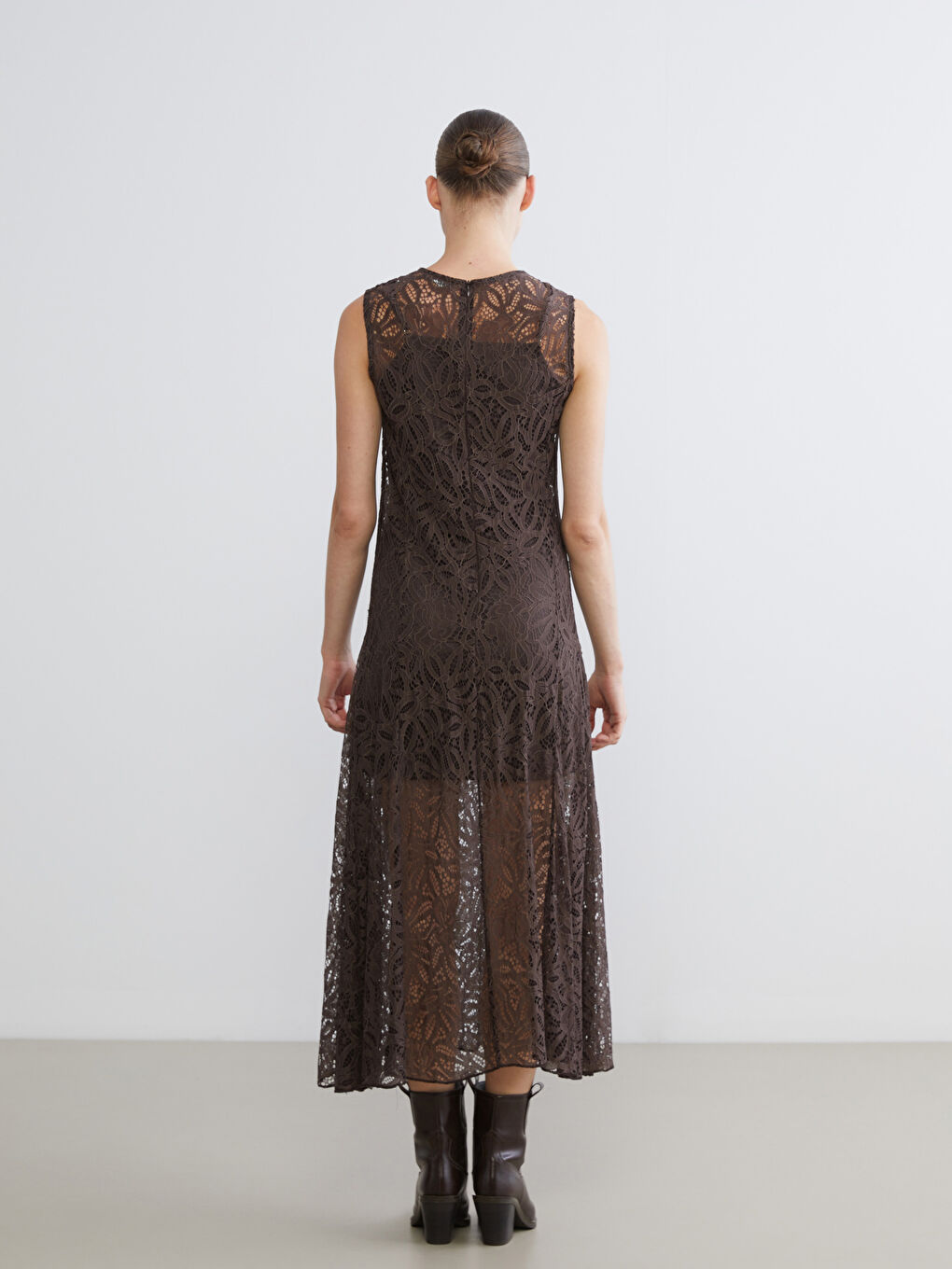 Kahverengi Bisiklet Yaka Dantelli Elbise-3